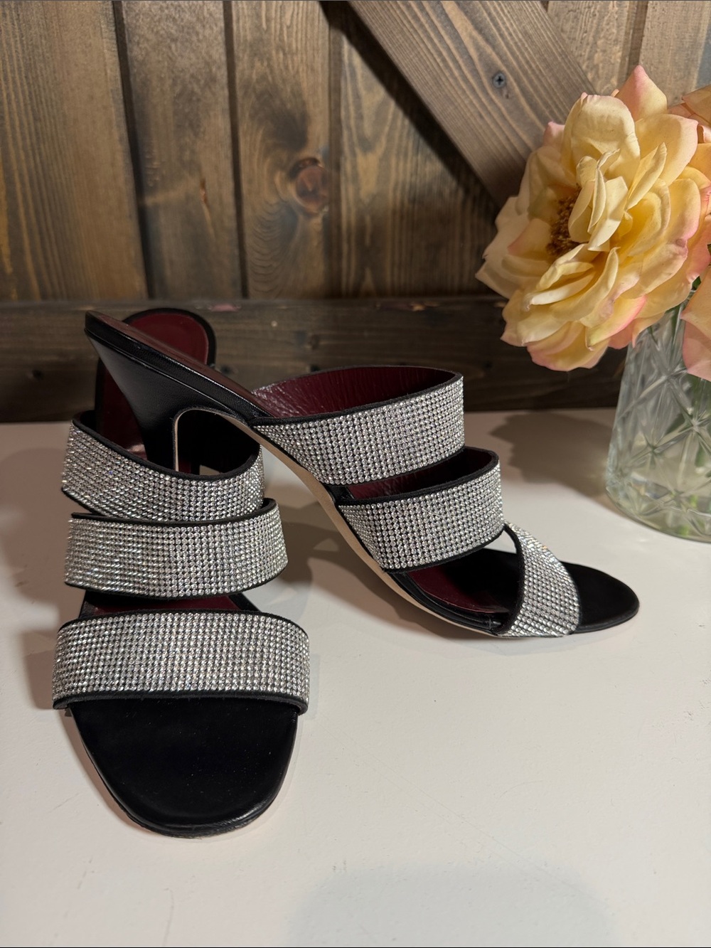 STAUD Black Crystal-Strap Slide Heels